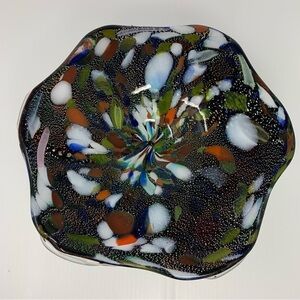 Vintage Studio Art Glass Bowl End of Day Blown Dish Multi Color Gold Flecks